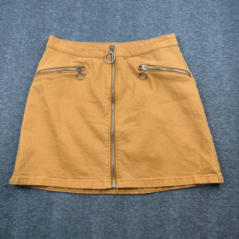 Signature8 Mini Skirt Women‎ Medium Mustard Yellow Denim Front Zip Ring Pull
